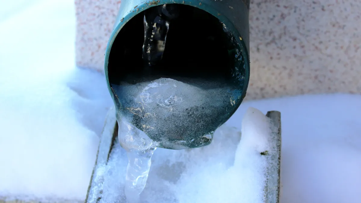 Frozen downspout with ice buildup during a Massachusetts winter