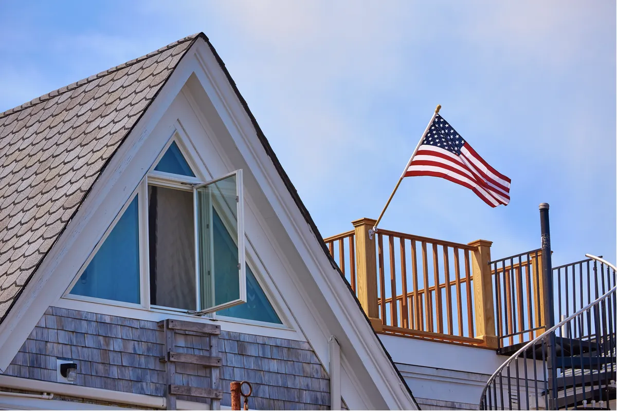 Coastal roofline of a shingled Quincy, Massachusetts home